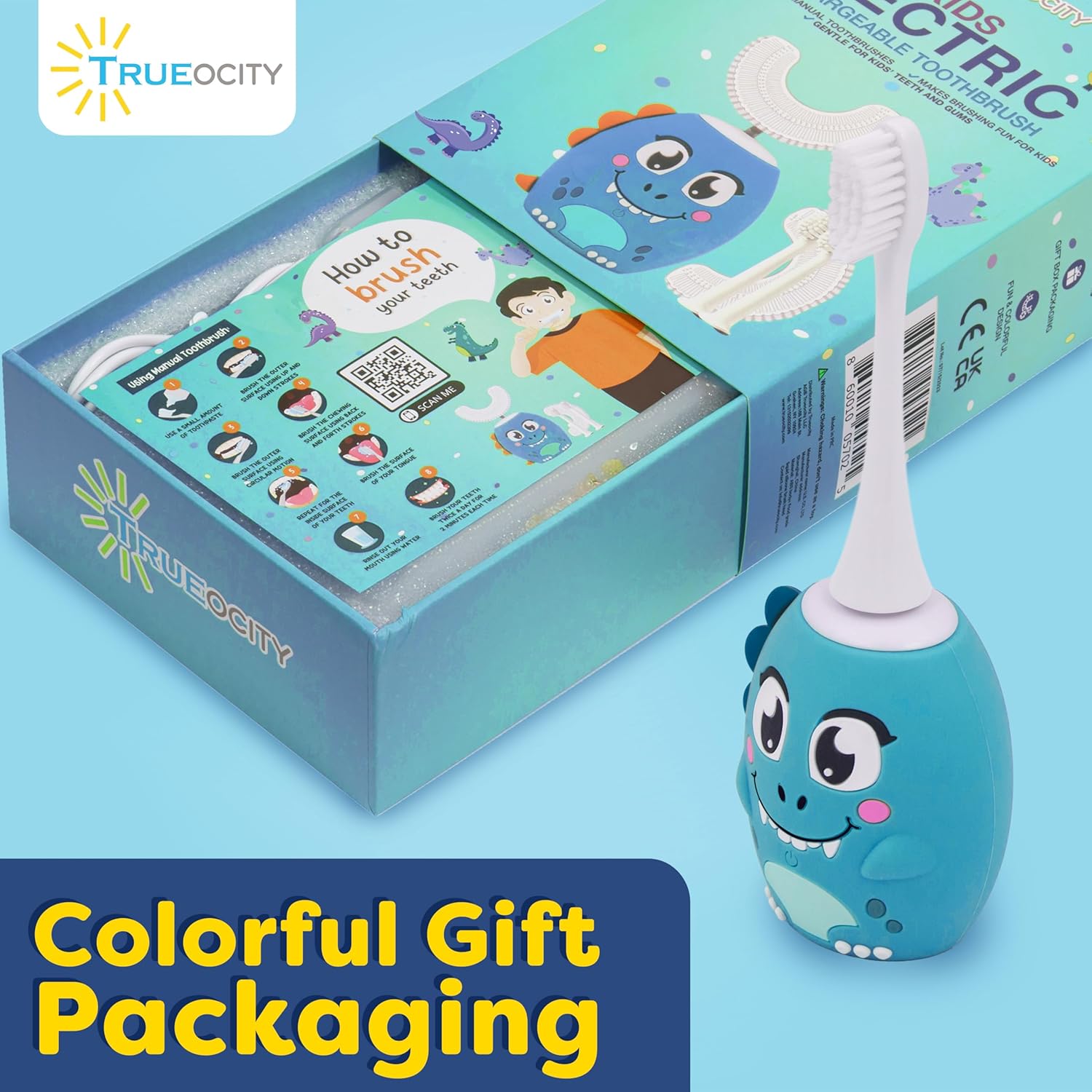 Trueocity Kids U Shape Toothbrush Auto Electric Toddler Rechargeable Kids Automatic Toothbrush | 360° U-Shaped Silicone Brush Head | Gentle Cleaning for Ages 2–7| Dinosaur Design (Blue)