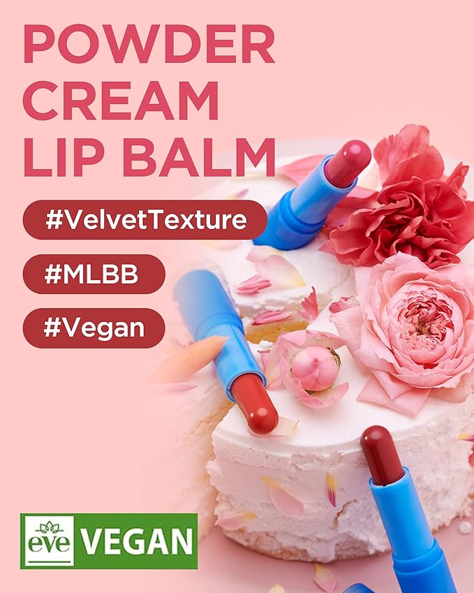 TOCOBO Powder Cream Lip Balm – Vegan Korean Soft Matte Lipstick Balm for Velvet Finish - Moisturizing & Blurring Effect – Lightweight Powdery Texture, Rose Burn, 0.12oz.