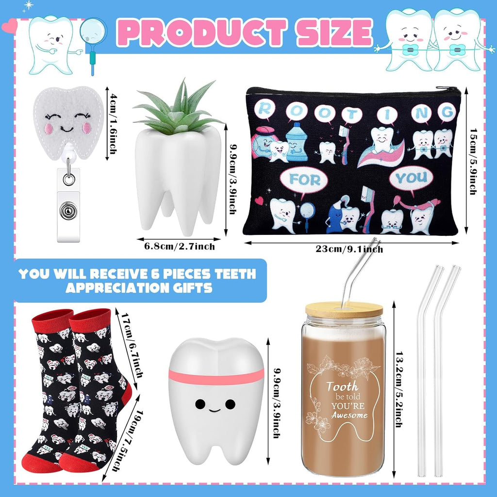 Pickmesh 6 Pcs Dental Gifts Dentist Assistant Hygienist Gifts 16 oz Glass Cups with Lid Makeup Bag Socks Badge Holder Tooth Brush Pot for Women Coworkers Doctor Nurse Christmas Accessories(Black)