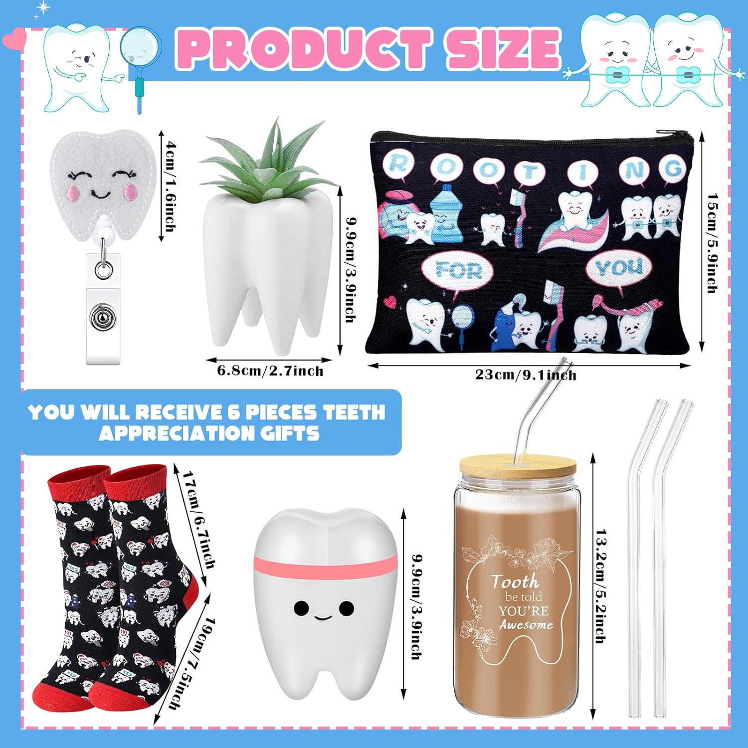 Pickmesh 6 Pcs Dental Gifts Dentist Assistant Hygienist Gifts 16 oz Glass Cups with Lid Makeup Bag Socks Badge Holder Tooth Brush Pot for Women Coworkers Doctor Nurse Christmas Accessories(Black)