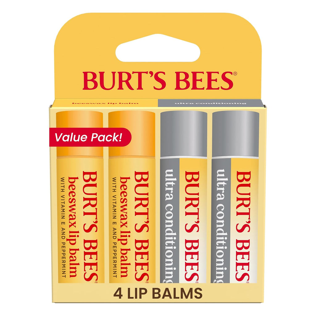 Burt's Bees Stocking Stuffers, Lip Balm Beeswax and Ultra Conditioning Lip Balm Pack, Hydrating Lip Moisturizer with Kokum and Shea Butter, Natural Origin Lip Care, 4 Tubes, 0.15oz.