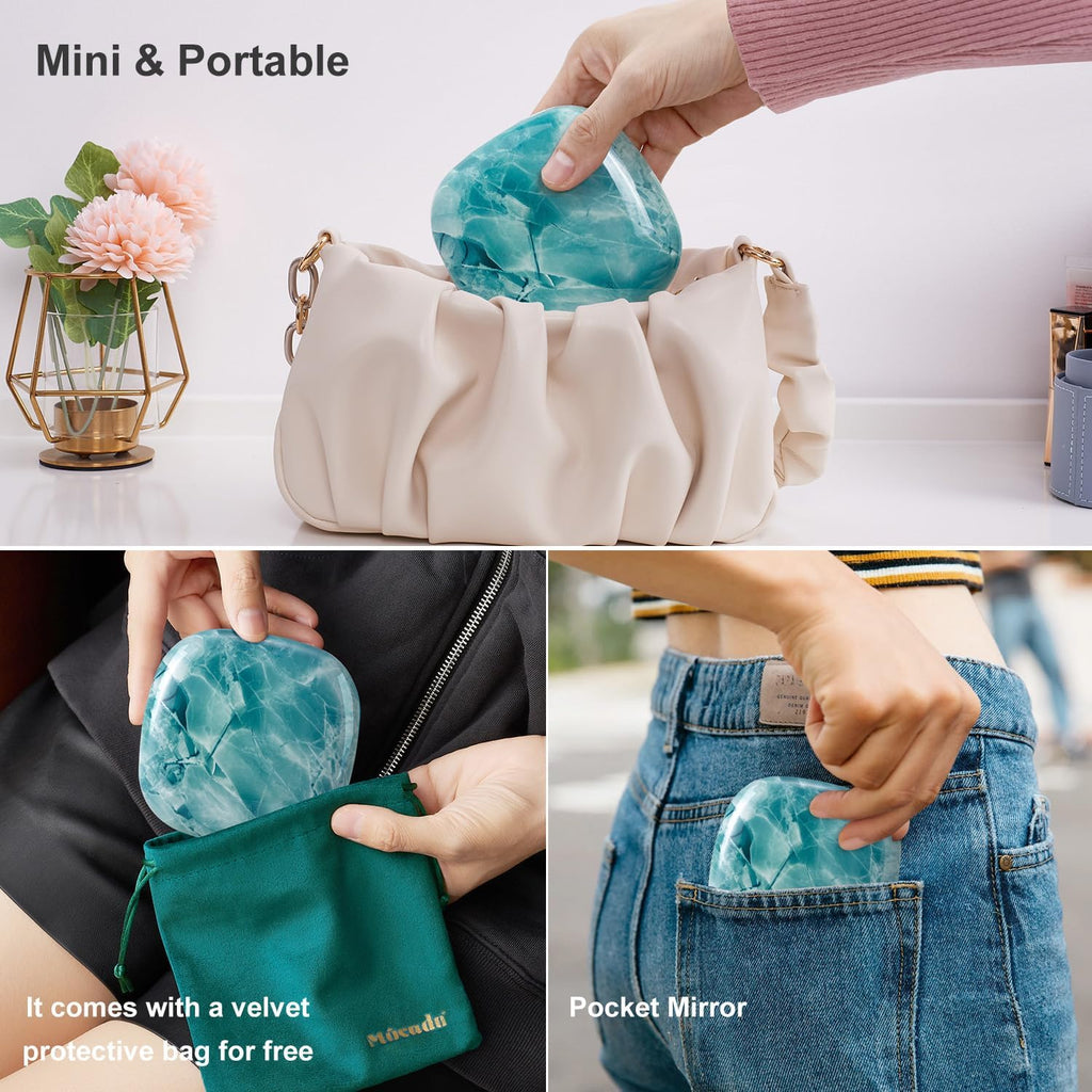 Mocado Compact LED Travel Makeup Mirror - 4 Inches 1X/10X Magnification Travel Mirror with Light Dimmable Double Sides Lighted USB Rechargeable Compact Mirror for Purse,Pocket,Travel(Green Marble)