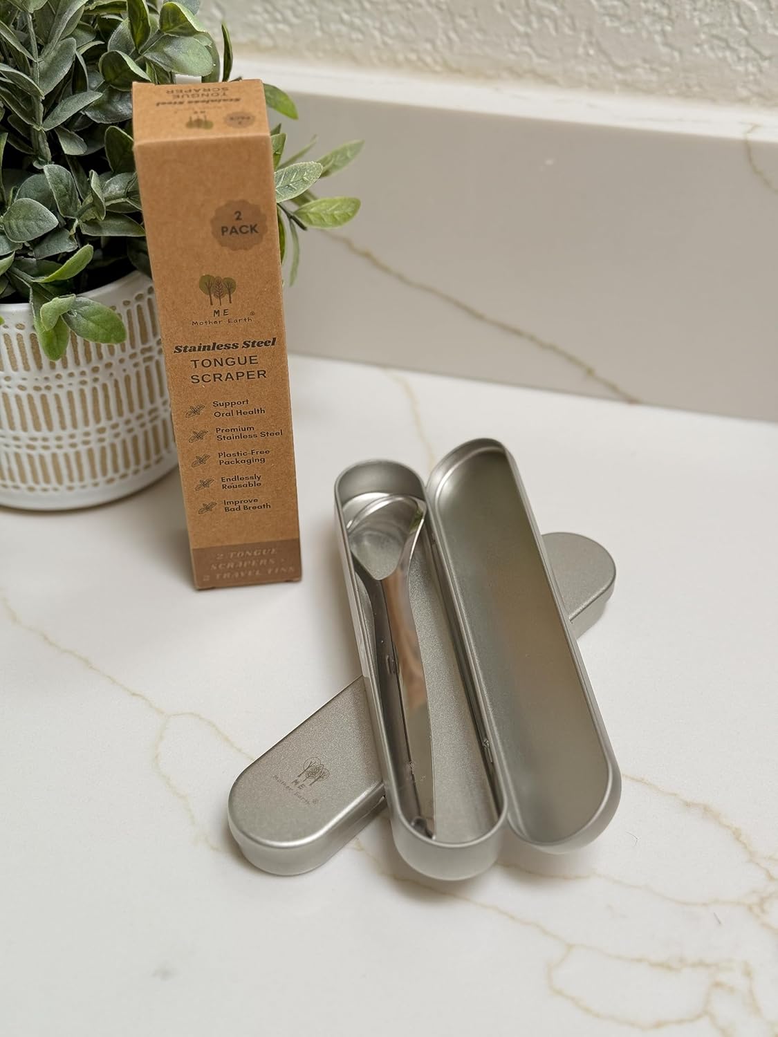 Me Mother Earth 2 pack Stainless Steel Tongue Scraper for Adults with 2 Metal Travel Cases – Durable Metal Cleaner for Oral Care, Fresh Breath, and Eco-Friendly Dental Care