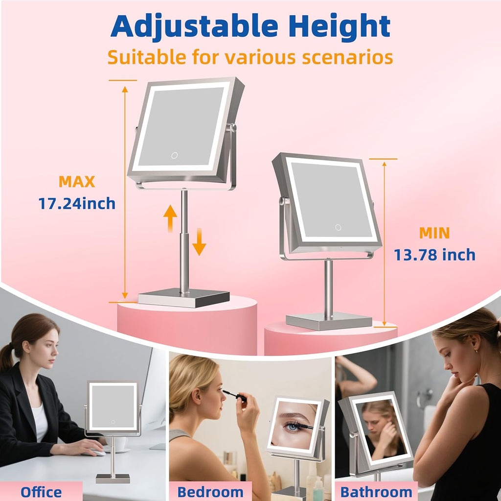 Ruacq Rechargeable Makeup Mirror, 4000mAh Lighted Makeup Mirror with Magnification1X/10X, Height Adjustable Vanity Mirror with Lights, 3 Color Lights, Adjust Brightness, 360°Rotation(Brushed Nickel)