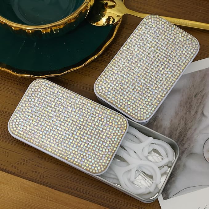 2Pcs Bling Dental Floss Holder,Portable & Refillable Floss Pick Holders, Metal Tin Box Case for Q-tip,Cotton Swab(White)