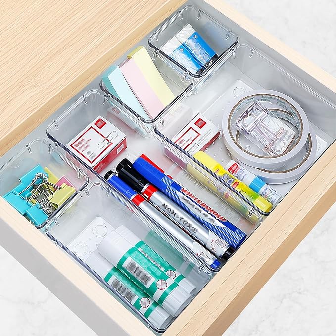 16 PCS Drawer Organizer Set, 5 Varied Size Bathroom and kitchen Drawer cabinet organizer Trays, Clear Storage Bins for Makeup, Jewelry, Utensils and Gadgets