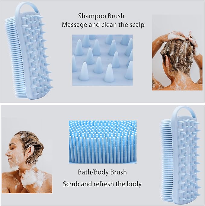 2 PC Silicone Exfoliating Body Scrubber, 2 in 1 Silicone Body Shampoo Brush, Soft Silicone Loofah for Sensitive Skin, Shower Silicone Hair Scalp Massager, Easy to Clean, Lather Well (Pink&Blue)