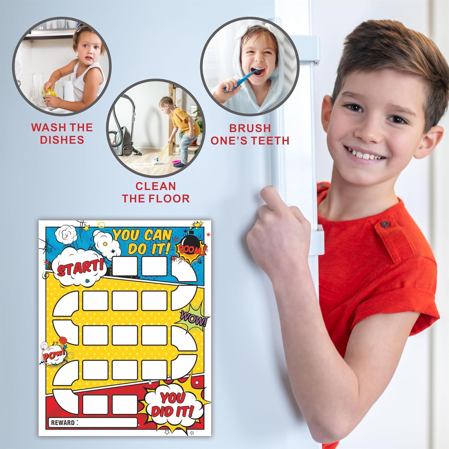 10 Reward Chart with 206 Golden Star Stickers-Comic Theme-Incentive Chart,Positive Behavior Reward Chart for Kids,Toddler Homework Assignments, Attendance(8"X10")-A02