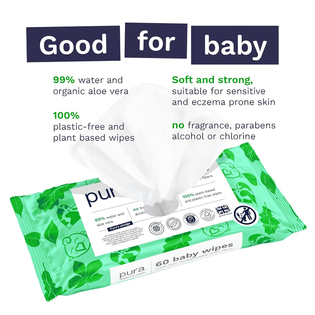 Pura Natural Sensitive Baby Wipes, 99% Water, Unscented & Hypoallergenic, Suitable for Sensitive & Eczema-prone Skin, Fragrance Free & Hypoallergenic, EWG Verified, 1 Pack of 60 Wet Wipes