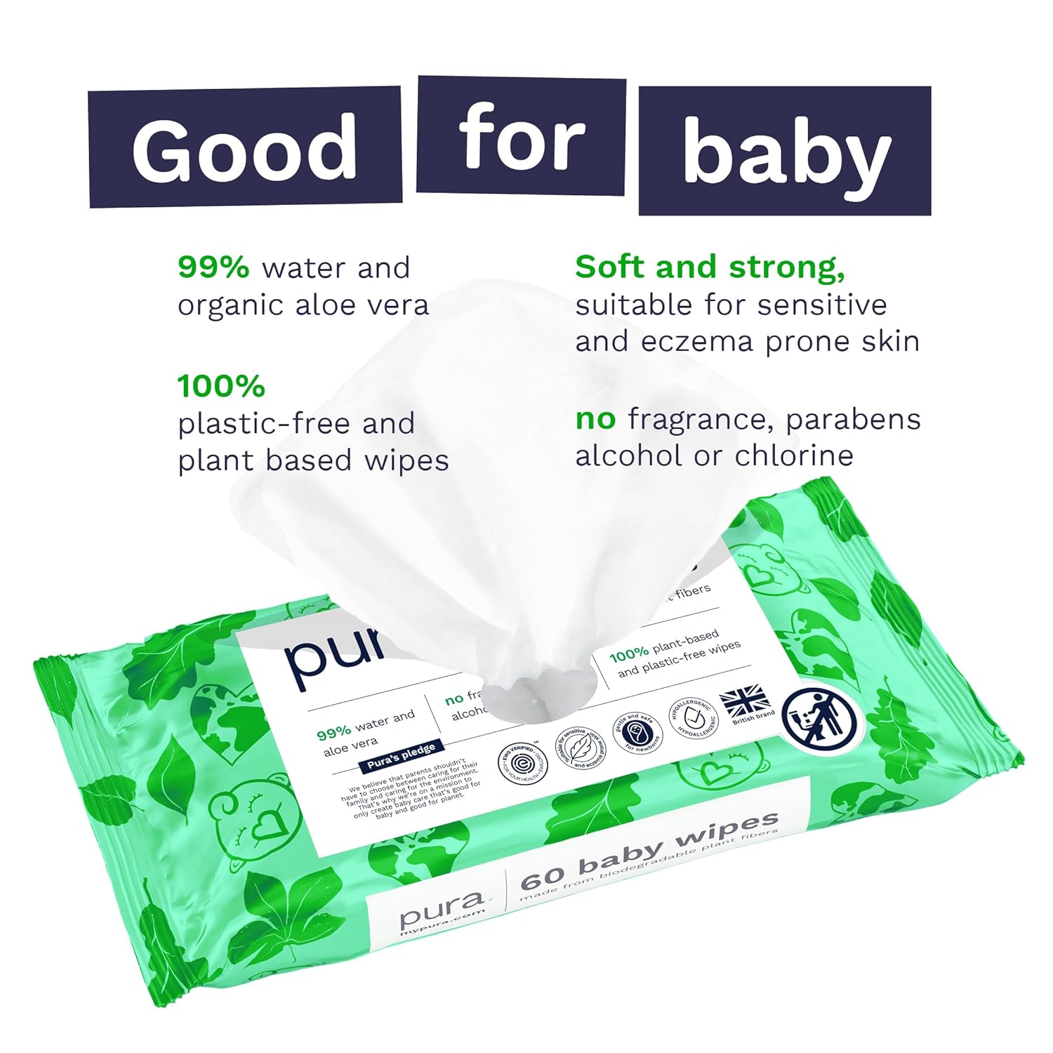 Pura Natural Sensitive Baby Wipes, 99% Water, Unscented & Hypoallergenic, Suitable for Sensitive & Eczema-prone Skin, Fragrance Free & Hypoallergenic, EWG Verified, 1 Pack of 60 Wet Wipes
