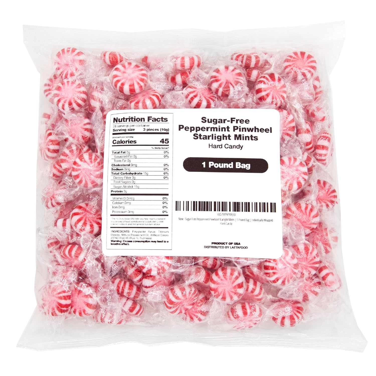 Sugar-Free Peppermint Pinwheel Starlight Mints | 1 Pound Bag | Individually Wrapped Hard Candy