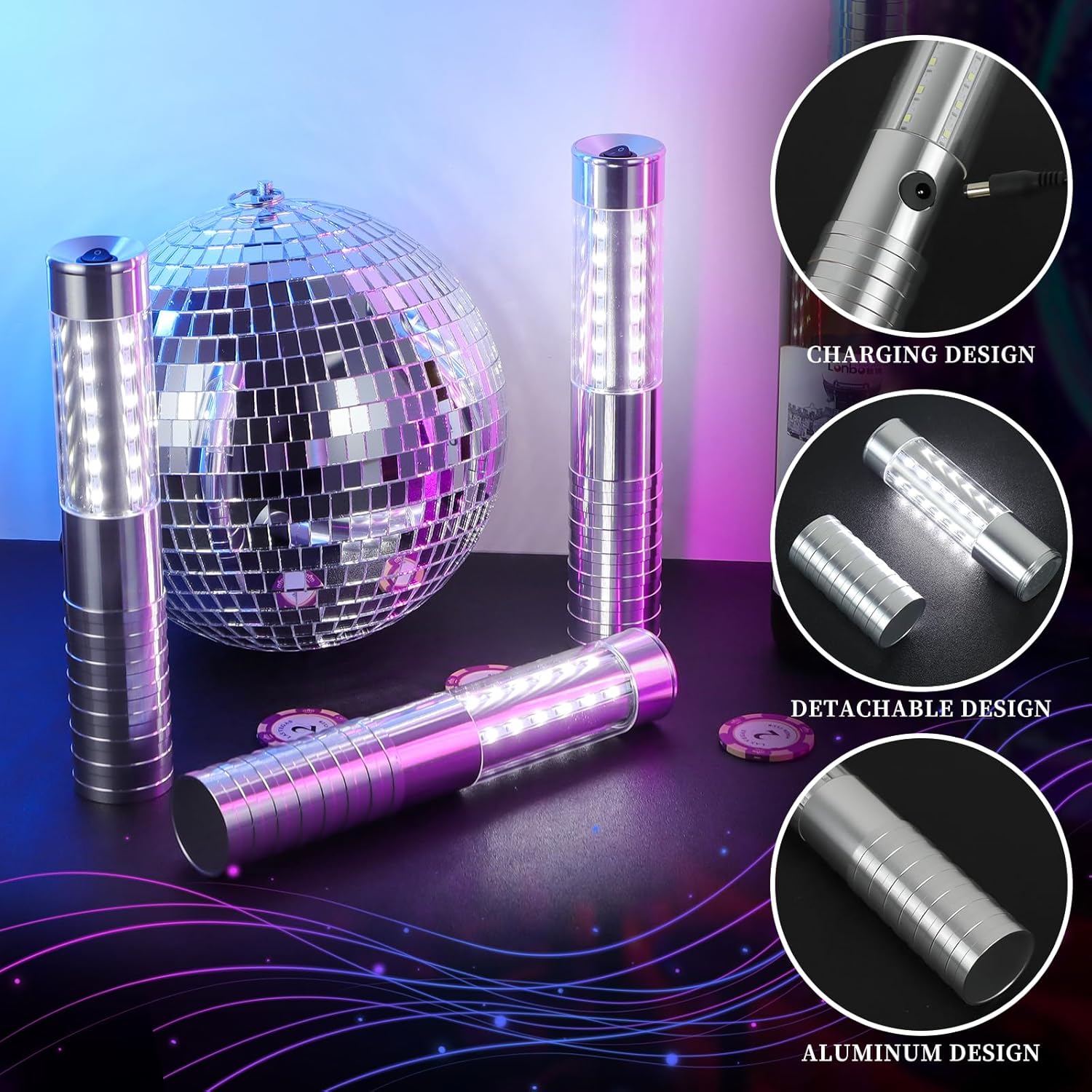 2 Pieces LED Strobe Baton Light Rechargeable Bottle Service Sparklers Stick Reusable Champagne Bottle Handheld LED for Club Stage Nightclub Party Concert Event Bar Outdoor - Silver