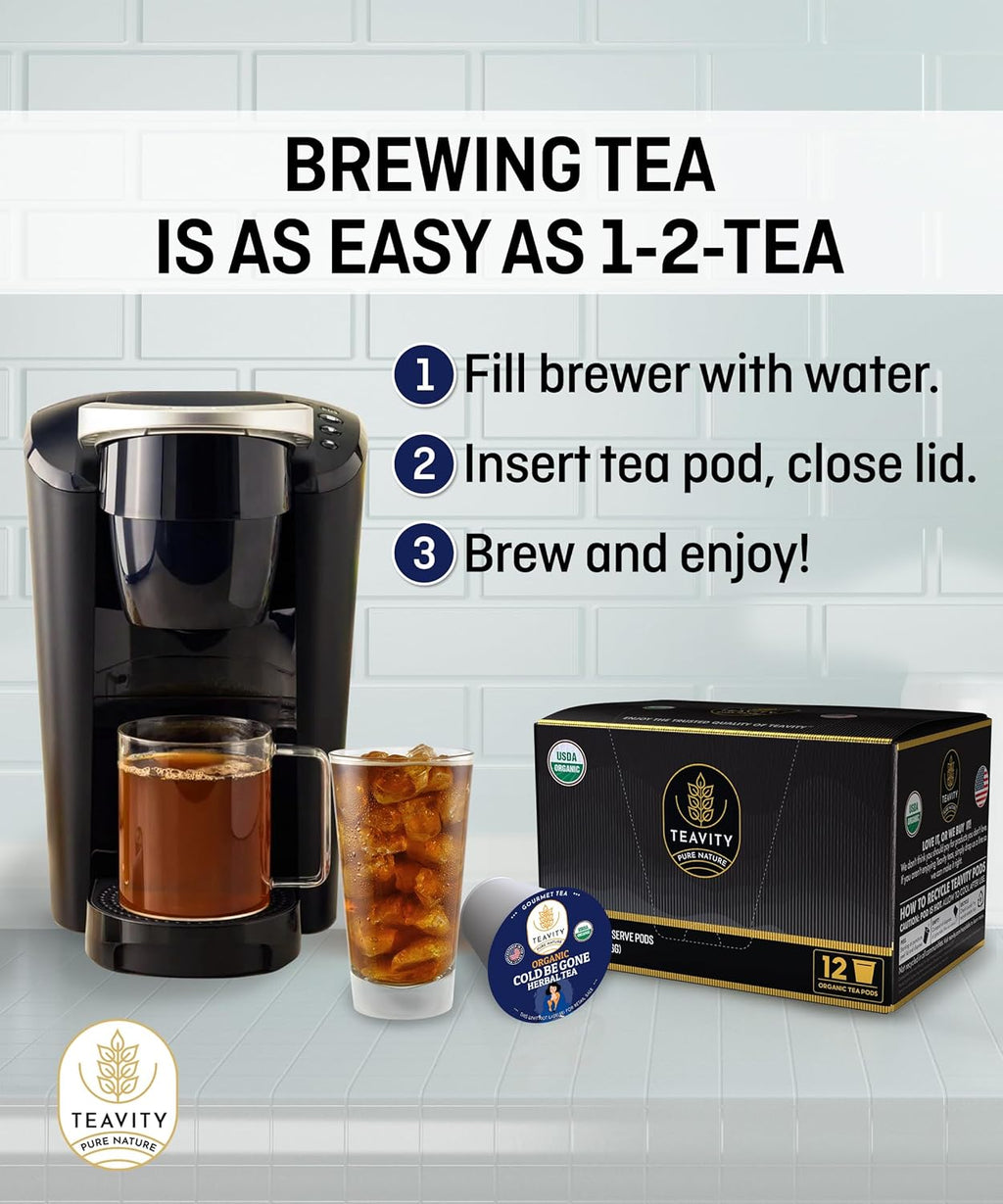 Organic Rooibos Tea Pods for Keurig with Lemon, Mint, Licorice - Unsweetened Decaf Tea for K Cup Brewing - Cold- Be-Gone by Teavity (24 Tea Pods)