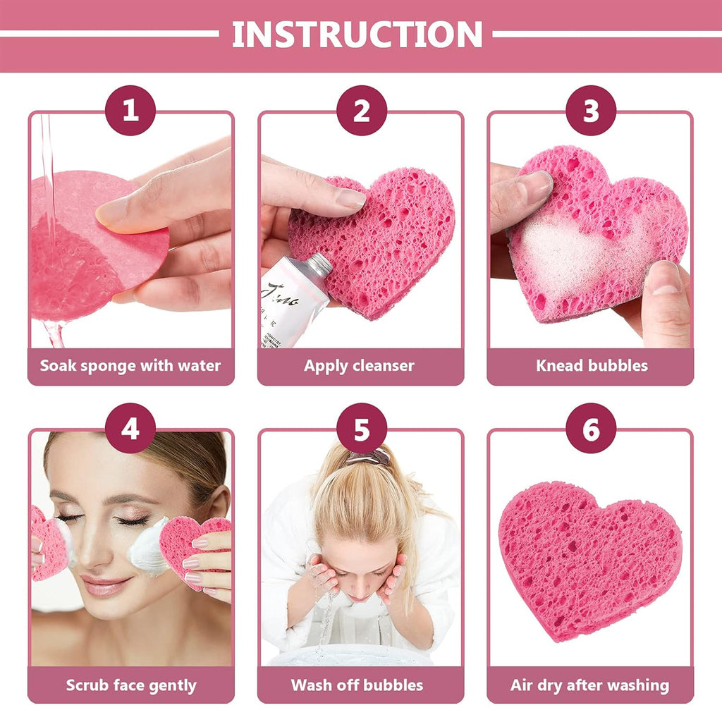 Nuenen 60 Pieces Facial Sponges with Container, Heart Shape Compressed Face Sponges Natural Cleaning Pads for Washing Face Cleaning Exfoliating Esthetician Makeup Removal(Pink)