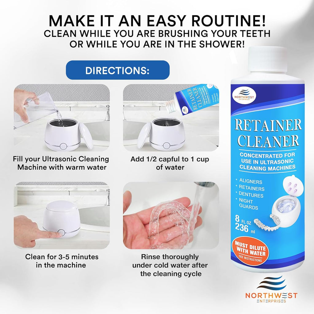 NORTHWEST ENTERPRISES Ultrasonic Retainer Cleaner Solution Concentrate for Ultrasonic Machines - Cleans Mouthguards, Invisalign & Nightguards - Odor, Stain & Discoloration Remover (8 oz)