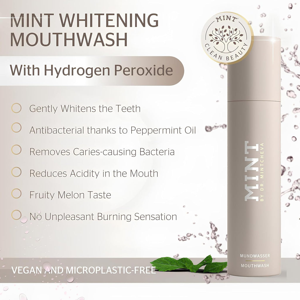MINT whitening mouthwash with hydrogen peroxide - alcohol-free - mild taste - vitamin B12, peppermint oil and cucumber extract - mouthwash for the care of gums and interdental spaces -By Dr. Mintcheva