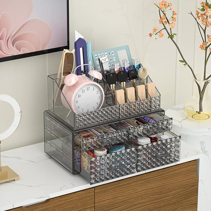 2 Pack Stackable Makeup Organizer with Drawers[Upgraded]-Acrylic Make up Organizers and Storage Case for Cosmetics,Brush,Perfume,Jewelry Display, Vanity and Bathroom Accessories