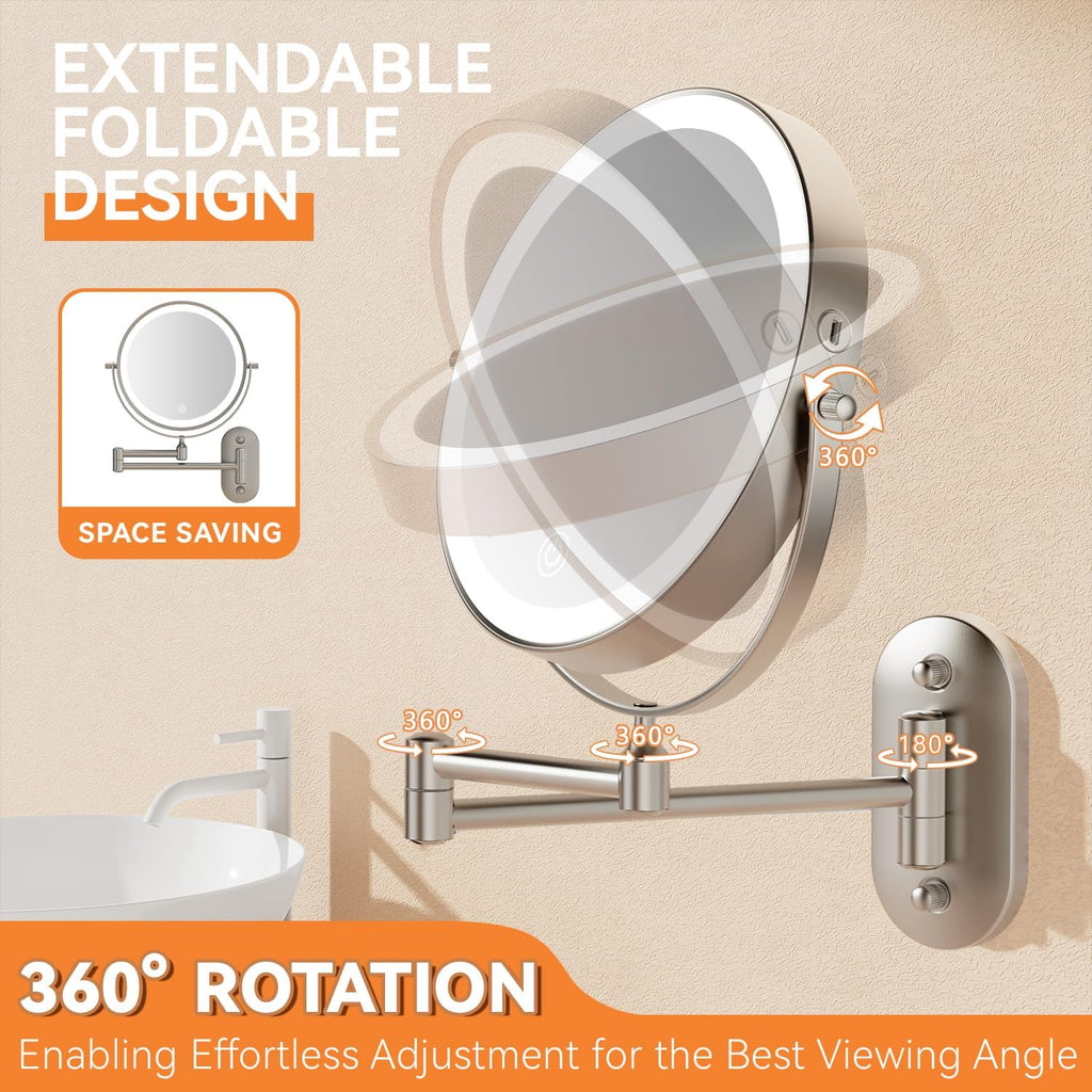 1X/20X Wall Mounted Makeup Mirror with Light, 8" Rechargeable Double-Sided Magnifying Mirror, Vanity Mirror Dimmable 3 Color Light, 360° Extension Rotation Foldable 14.5 Inch Arm, Brushed Nickel