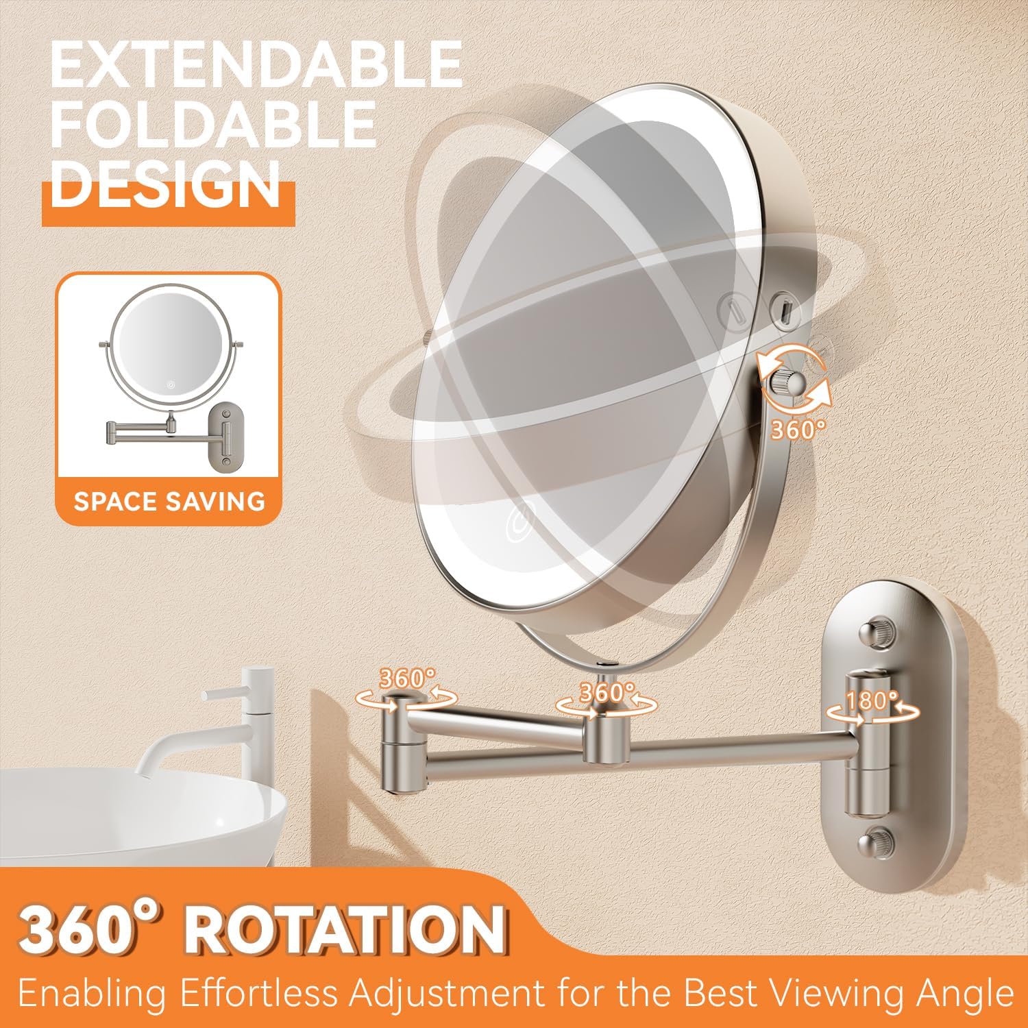1X/20X Wall Mounted Makeup Mirror with Light, 8" Rechargeable Double-Sided Magnifying Mirror, Vanity Mirror Dimmable 3 Color Light, 360° Extension Rotation Foldable 14.5 Inch Arm, Brushed Nickel