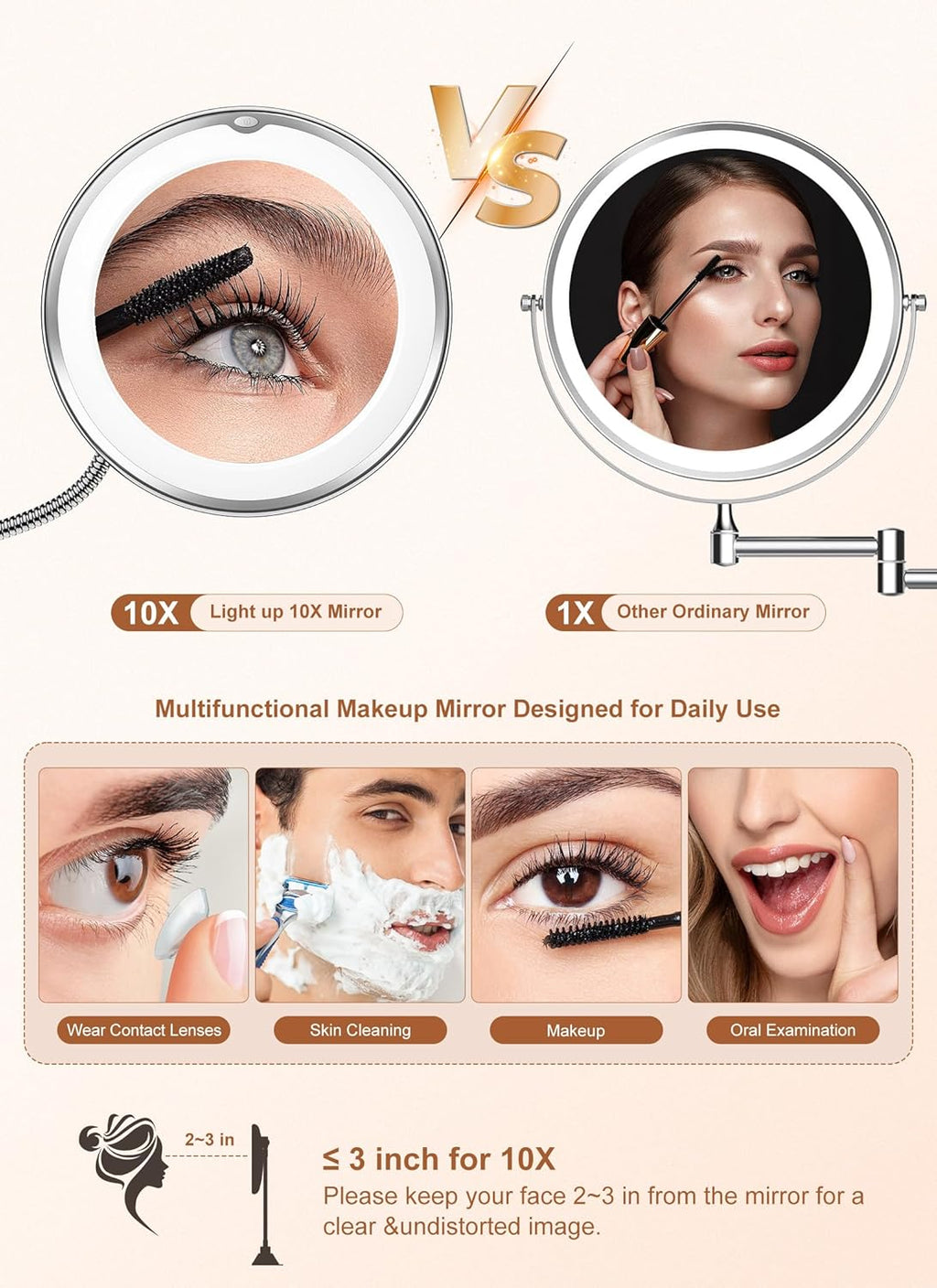 10x Magnifying Mirror with Light, Flexible Gooseneck Make up Mirror with Lights and Magnification, Battery Operated Cordless with Suction Cups for Wall Bathroom