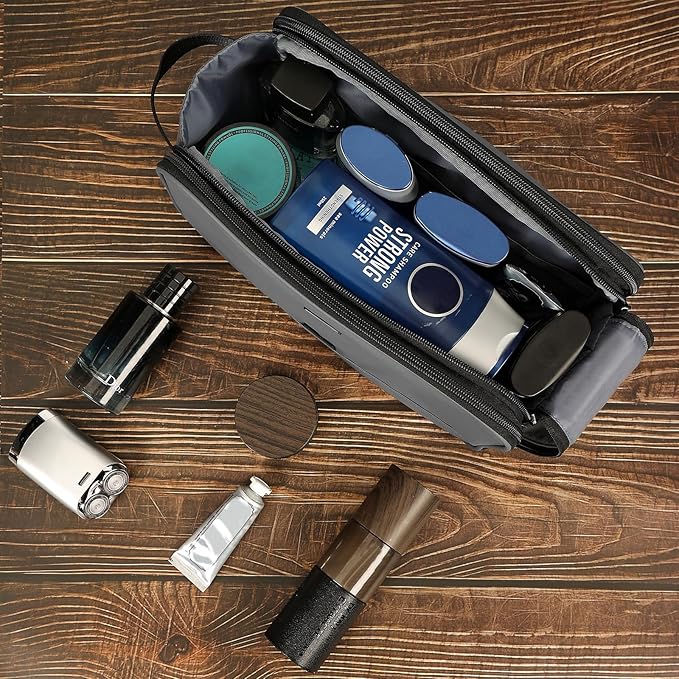 ZEEMO Travel Toiletry Bag for Men, Medium Water-Resistant Double-Sided Full-Open Dopp Kit, Versatile Organizer for Shower and Hygiene Accessories, Bathroom Essentials, Cosmetics, Large, Grey