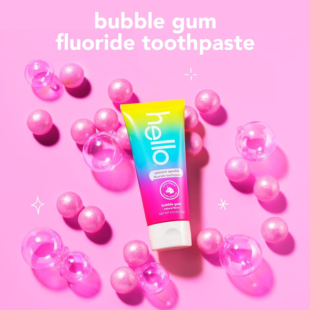 hello Unicorn Sparkle Kids Toothpaste with Fluoride, Bubble Gum Toothpaste, 4.2 Oz Tube (Pack of 3)