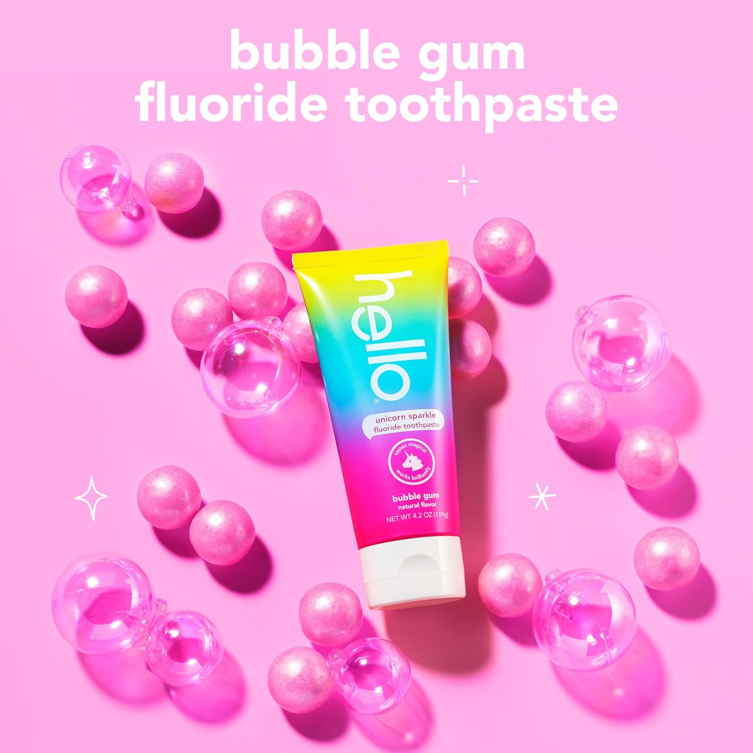 hello Unicorn Sparkle Kids Toothpaste with Fluoride, Bubble Gum Toothpaste, 4.2 Oz Tube (Pack of 3)