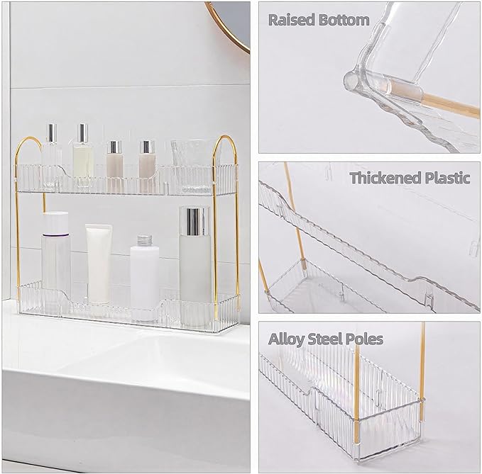YCIA&DONE 2 Tiers Narrow Vanity Makeup Organizer, Bathroom Organizer Countertop Slim, Perfume Holder Skincare Storage Cosmetic Shelf Spice Rack, for Small Desktop Space, White Clear