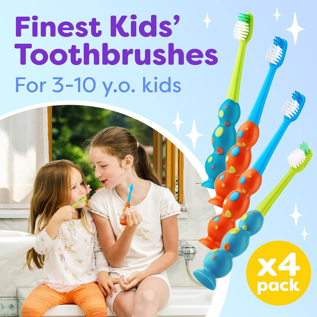 Trueocity Kids Toothbrush 4 Pack - Soft Contoured Bristles - Child Sized Brush Heads (3-10 Year Old) - Suction Cup for Fun & Easy Storage - Girl & Boy Set (Blue & Orange)