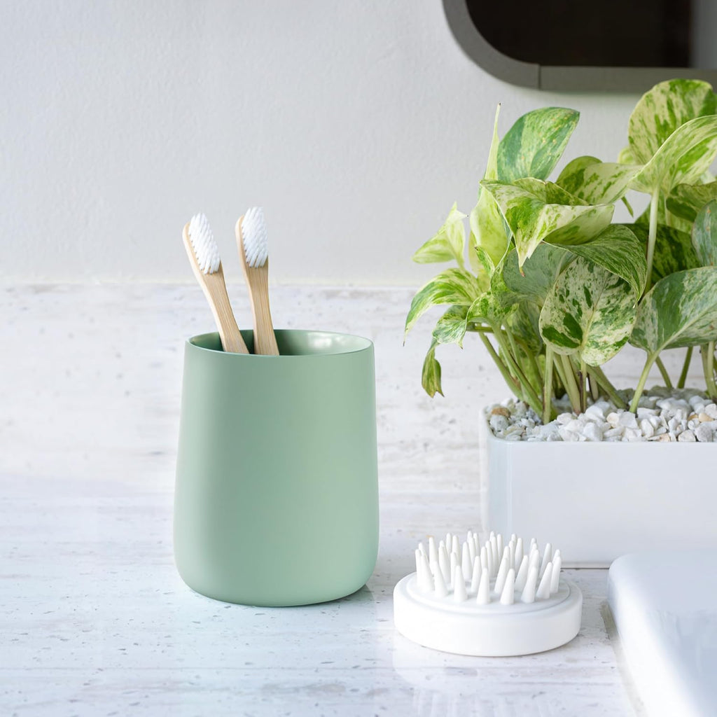 Matte Sage Green Toothbrush and Toothpaste Holder and Cup for Bathroom Vanity and Countertop, Round Organizer for Electric Toothbrushes, Floss, Razors, Cotton, and Mouthwash