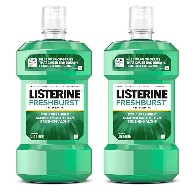 Listerine Freshburst Antiseptic Mouthwash for Bad Breath, Kills 99.9% of Bad Breath Germs & Fights Plaque & Gingivitis, ADA Accepted Mouthwash, Spearmint, Convenience Pack, 2 x 1 L