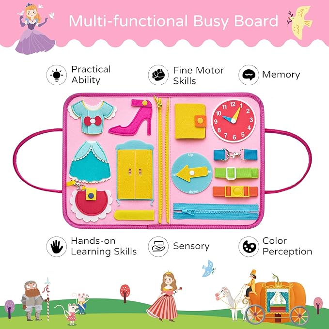 Freebear Busy Board Toddler Travel Toys Quiet Book Sensory Board for Toddlers 1 2 3 4, Montessori Educational Toys for 3 4 Year Old Girls Boys Gift, Princess