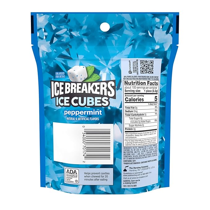 ICE BREAKERS Ice Cubes Peppermint Sugar Free Chewing Gum Pouch, 8.11 oz (100 Pieces)