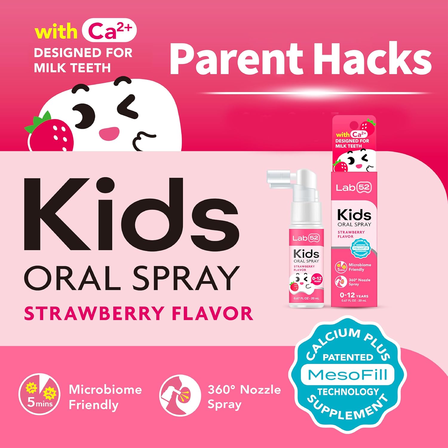 LAB52 Kids Oral Spray, Toddler Toothpaste Helper for Daily Oral Care and Fresh Breath, Children Approved with Fluoride Free for Newborn to Preschoolers, Xylitol (Strawberry & Grape)