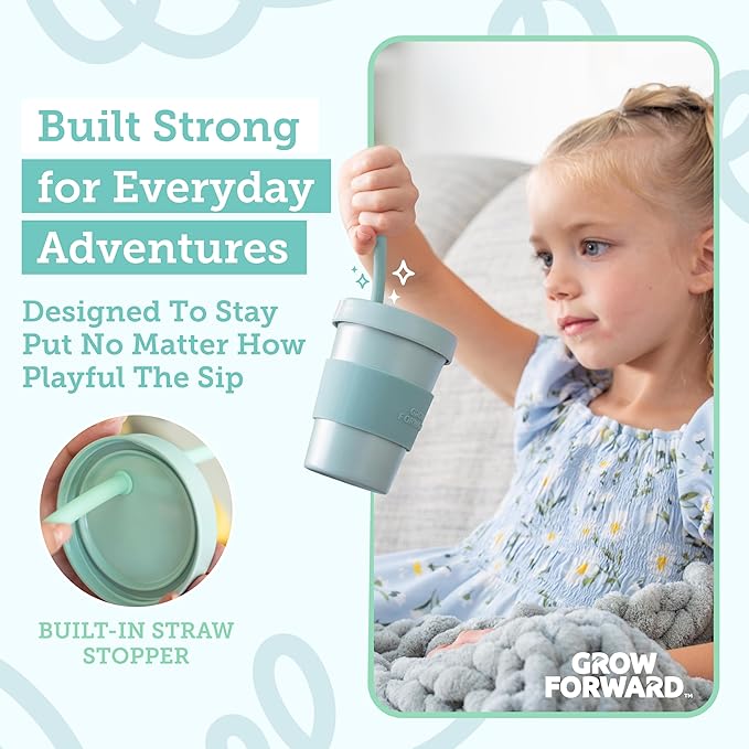 Grow Forward Bamboo Kids Cups with Lids and Straws - 10oz Drinking Cups for Kids with Childproof Twist Lids & Silicone Straws - Eco Friendly, BPA Free, Non Toxic & Dishwasher Safe - Rainforest