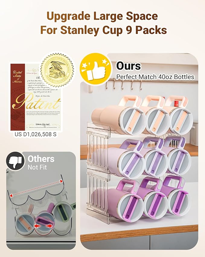Water Bottle Organizer Holder for Stanley Cup Accessories, Fridge Kitchen Cabinet Organizer and Storage for Meoky 40 oz Tumbler with Handle, Stackable Plastic Travel Mug Cup Rack Gifts, 3Pack