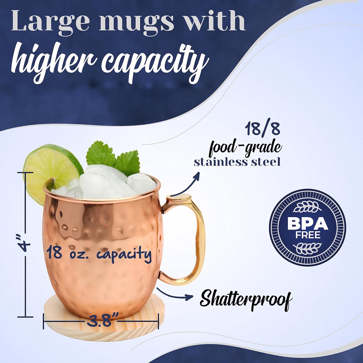 Stainless Steel Lined Copper Moscow Mule Cups Set of 96 (19oz) | Food Safe | High Grade Stainless Steel Mug w/New Thumb Rest | Tarnish-Resistant Steel Interior