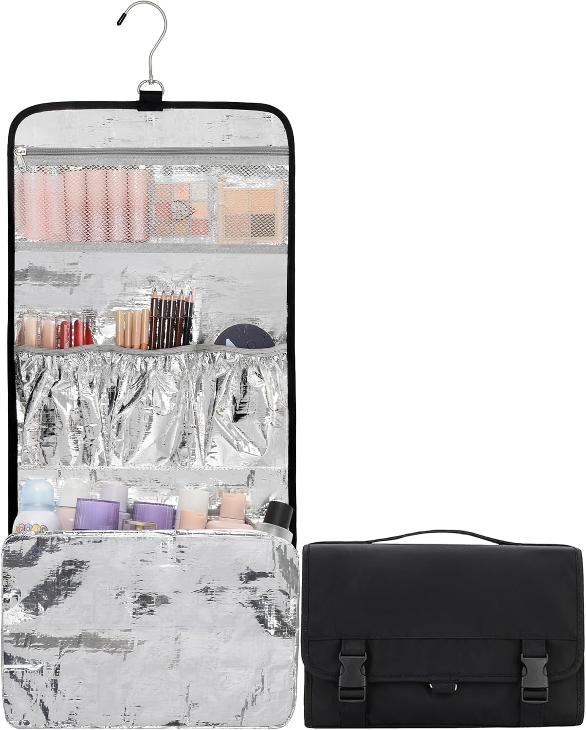TANTO Travel Makeup Bag, Hanging Makeup Organizer Bag Lightweight Waterproof Large Cosmetic Case Black Toiletry Bag Portable Pouch for Makeup Accessories