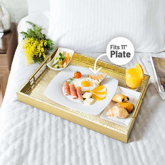 17" x 12" Wood Serving Tray with Gold Polished Metal Handles, Home Decorative Wooden Rectangle Ottoman Leather Decor Platter Bathroom Vanity Tray for All Occasions Alligator Gold