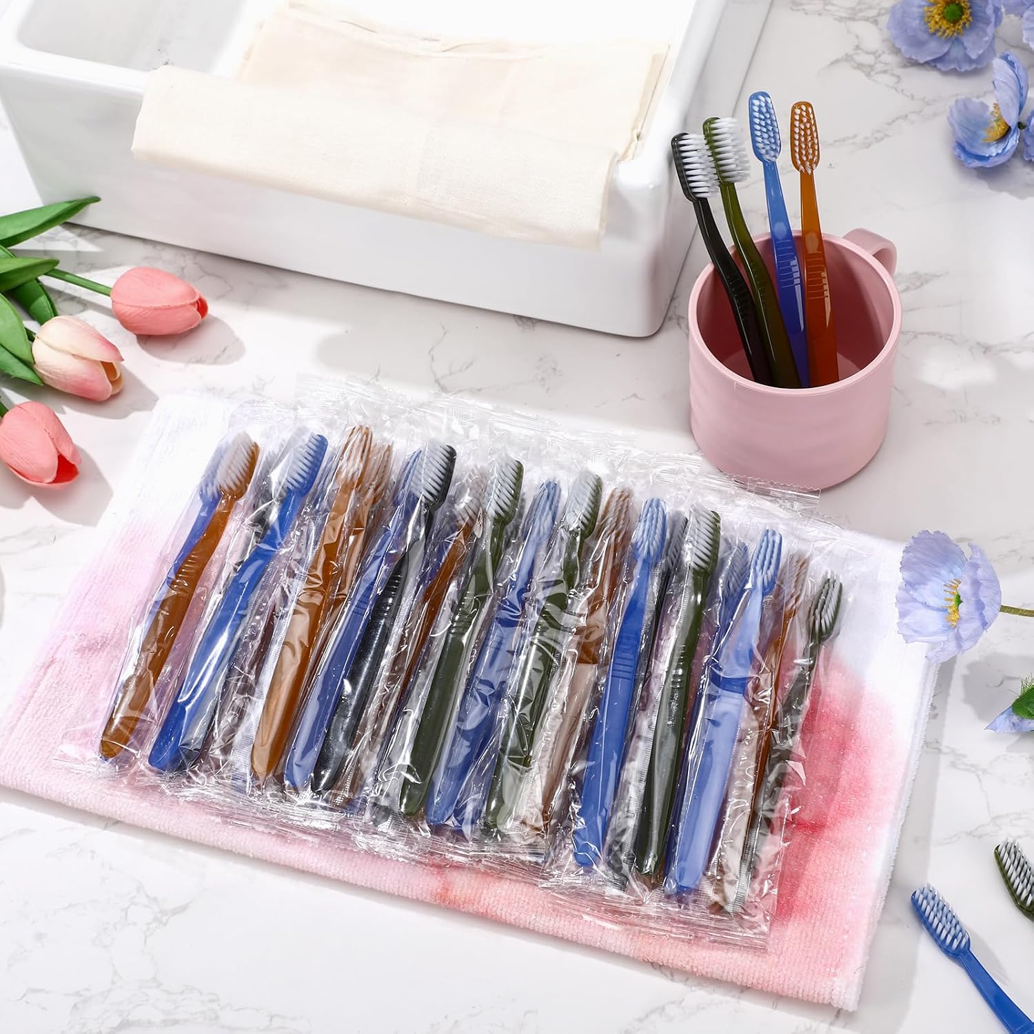 Tioncy 200 Pack Prepasted Disposable Toothbrushes Individual Wrapped Toothbrushes Soft Bristle Travel Toothbrush Single Use Wrapped for Hotel, Camp, Travel and Gift for The Homeless (Morandi Colors)