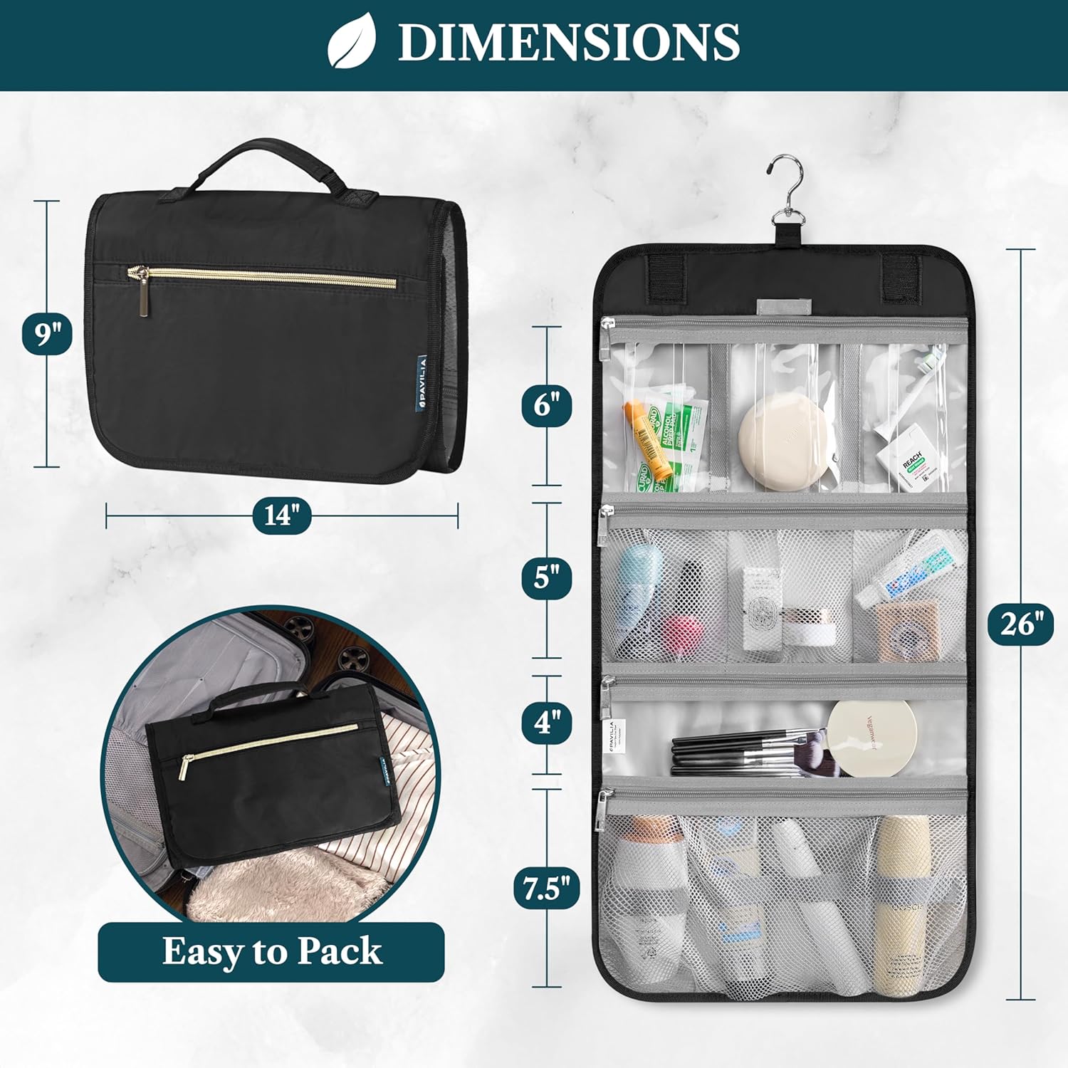 PAVILIA Hanging Toiletry Bag Women Men, Travel Kit Foldable Large Toiletries Organizer, Roll up Cosmetics Makeup Bag Accessories, Waterproof Essentials Jewelry Case (Black)