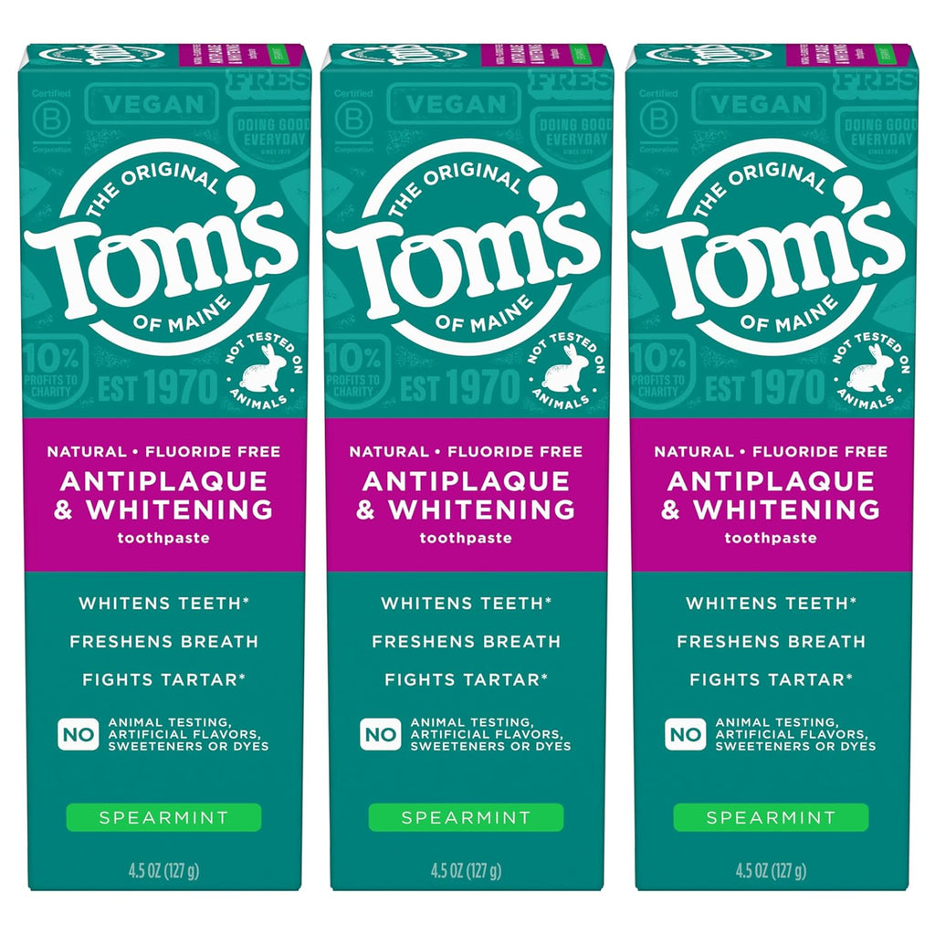 Tom’s of Maine Antiplaque and Whitening Fluoride Free Toothpaste, Spearmint 3-Pack