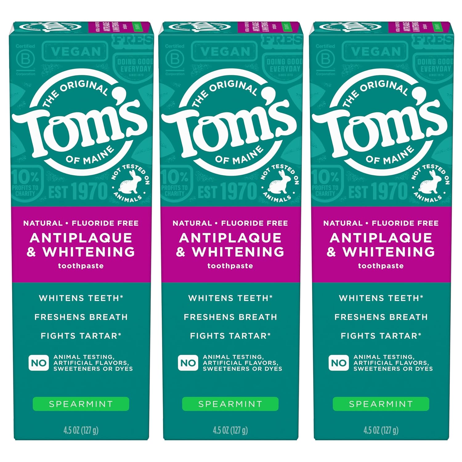 Tom’s of Maine Antiplaque and Whitening Fluoride Free Toothpaste, Spearmint 3-Pack