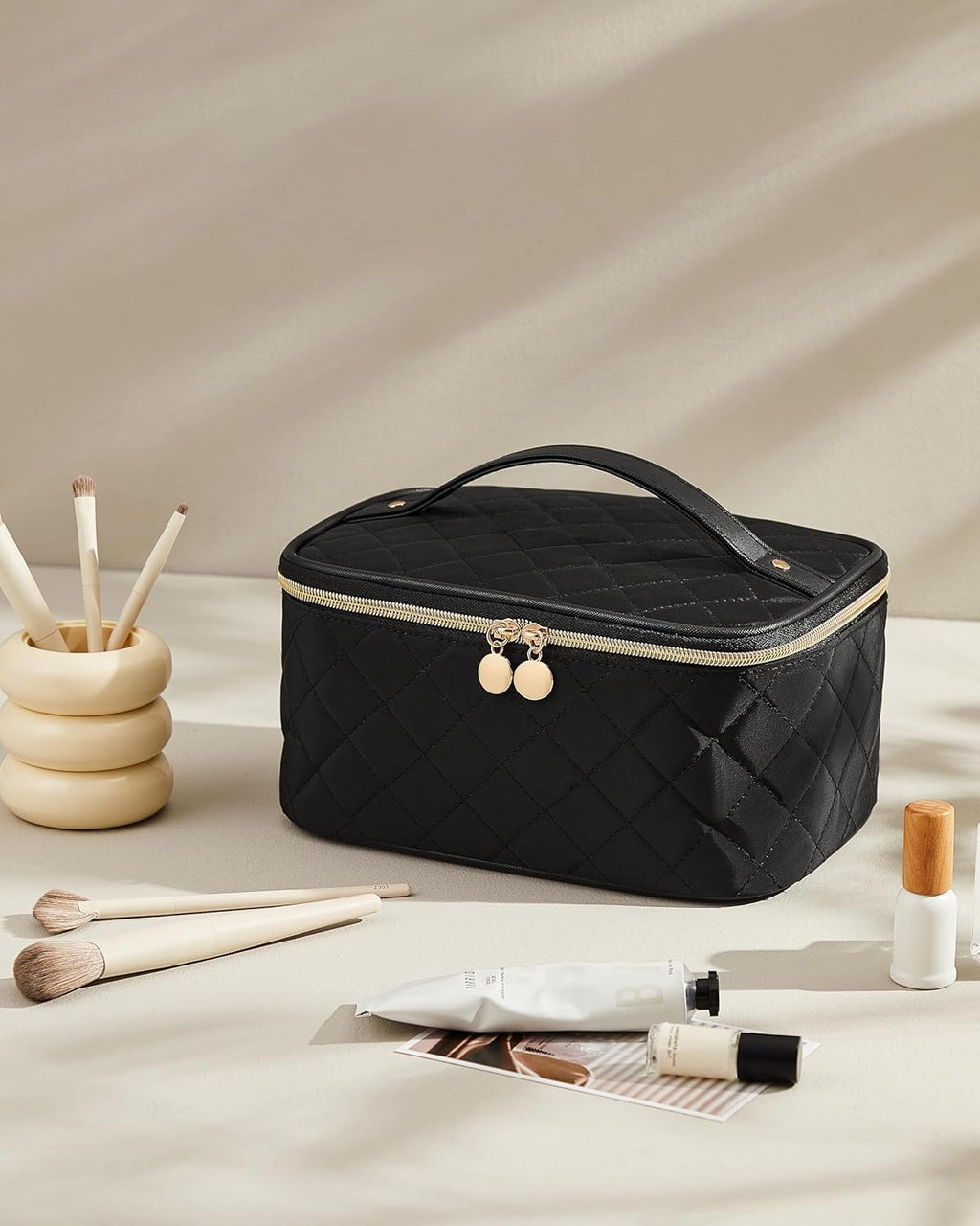 Prite Makeup Bag Portable Cosmetic Organizer with Brush Holder Waterproof Travel Toiletry Bag for Women with Handle and Divider (Black Rhombus)