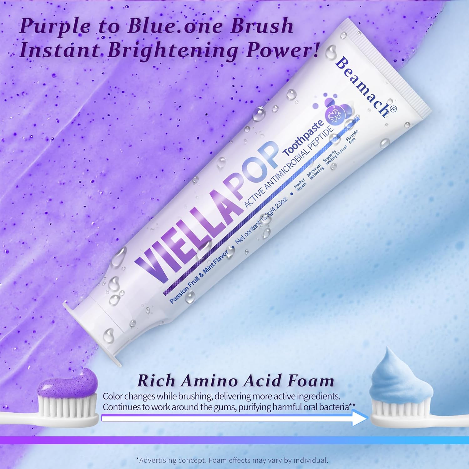 VIELLA POP Purple Toothpaste, Active Antimicrobial Peptide Purple to Blue Foam Whitening Toothpastes with Niacinamide, Fluoride Free, Passion Fruit & Mint Flavor, Appropriate for Sensitive Teeth (1)