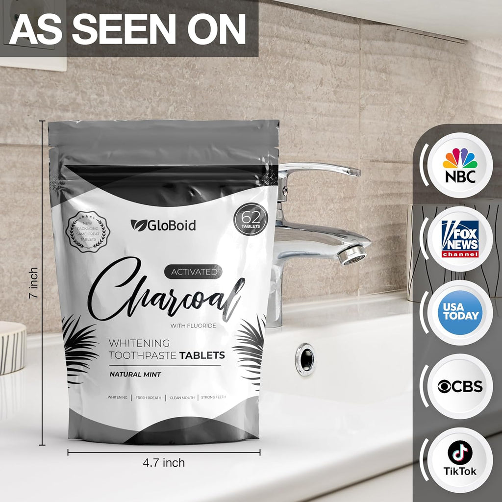 GloBoid Charcoal Toothpaste Tablets with Fluoride, Zero Waste Toothpaste Bits, Eco Friendly Toothpaste Tabs, Plastic Free Toothpaste Bites - 1 Month Supply - 62 Count - Mint