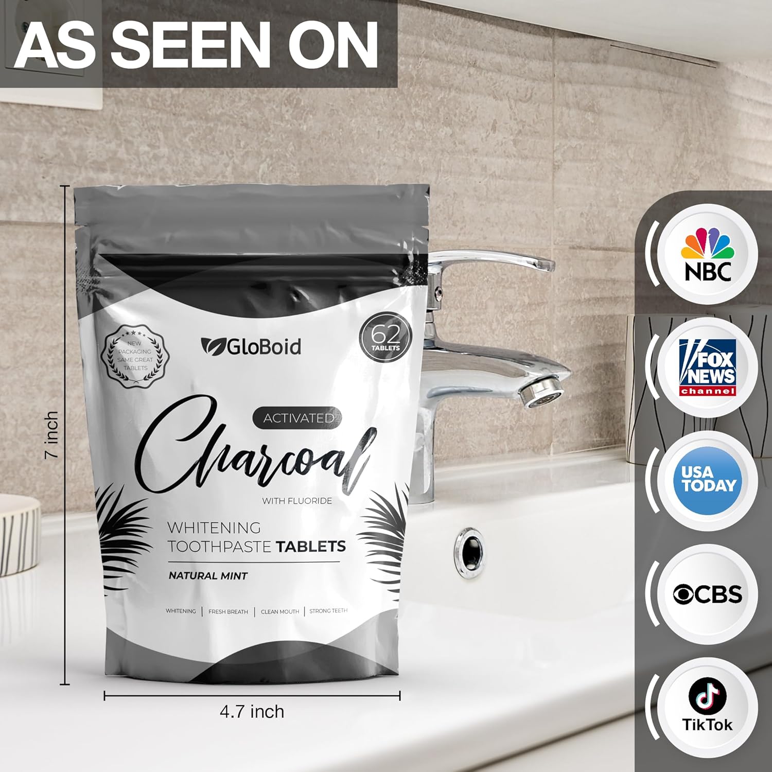 GloBoid Charcoal Toothpaste Tablets with Fluoride, Zero Waste Toothpaste Bits, Eco Friendly Toothpaste Tabs, Plastic Free Toothpaste Bites - 1 Month Supply - 62 Count - Mint