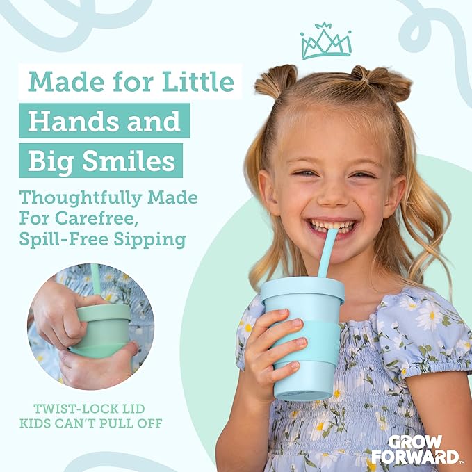 Grow Forward Bamboo Kids Cups with Lids and Straws - 10oz Drinking Cups for Kids with Childproof Twist Lids & Silicone Straws - Eco Friendly, BPA Free, Non Toxic & Dishwasher Safe - Rainforest