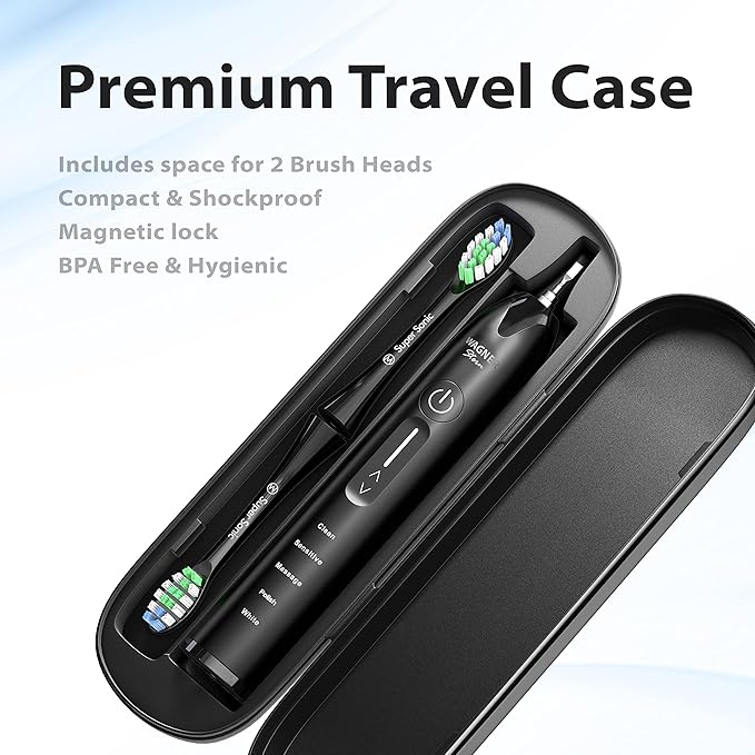 Wagner Stern Ultrasonic whitening Toothbrush with Pressure Sensor. 5 Brushing Modes and 4 Levels of Intensity, 8 Soft bristles, Travel case.