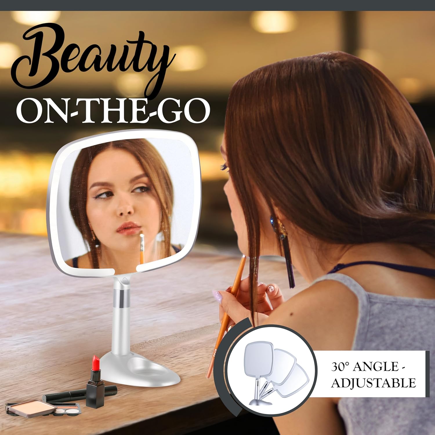 MIRRORVANA Lighted Travel Makeup Mirror - 2 in 1 Hand Mirror & Table Mirror with 3 Lighting Modes, Detachable Stand and Comfy Handle - 9" x 13" (Shiny Silver)
